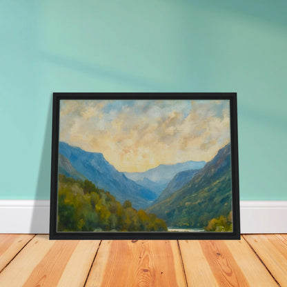 Peaceful mountain valley scene with layered blue ridges, autumn foliage, and a cloudy golden sky.