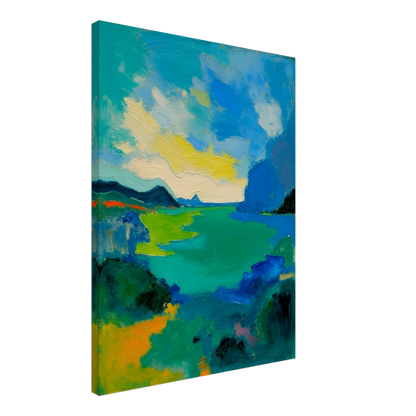 Vivid turquoise waters stretch beneath sweeping blue skies, framed by dark hills and glowing green shorelines.