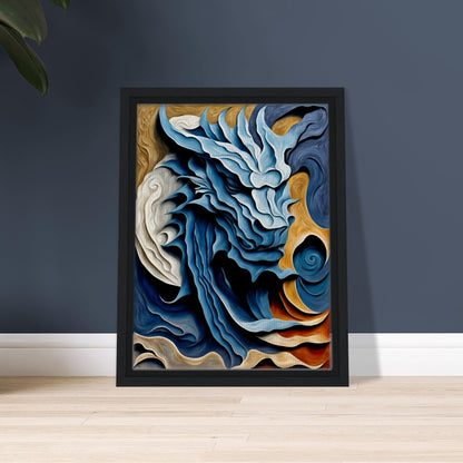 A swirling, dragon-like form emerges in shades of blue, white, and gold, evoking movement, energy, and mythical power.