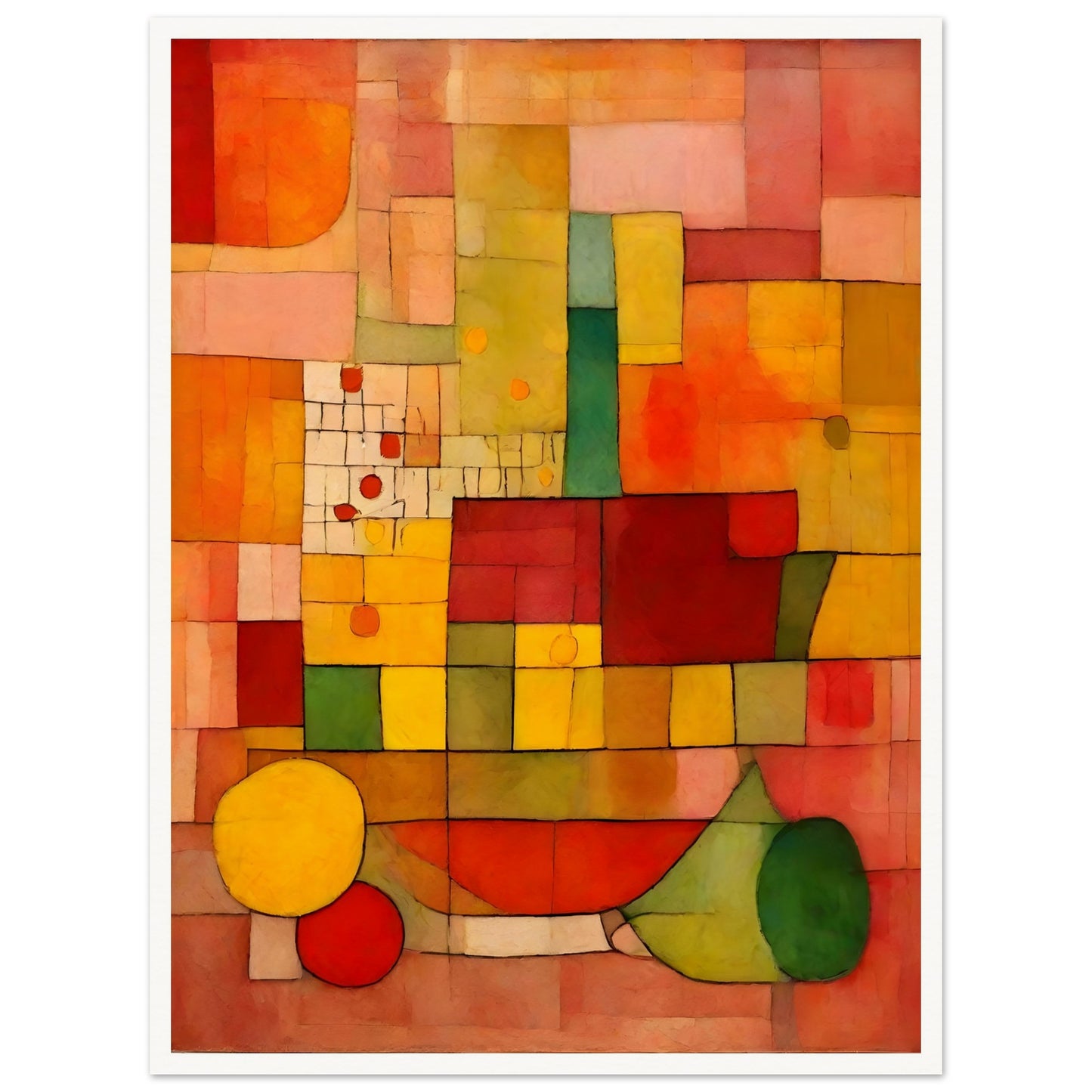 A warm-toned geometric composition with a grid of red, orange, yellow, and green shapes, creating a dynamic mosaic of color and texture.