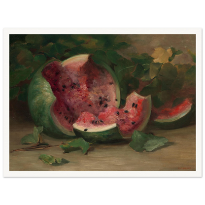 A cracked watermelon and red slices rest among green vines and leaves in a richly painted still life.
