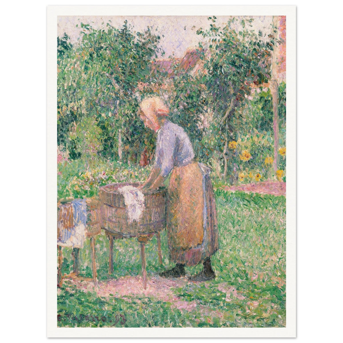 A Pointillist painting of a washerwoman hard at work, scrubbing linens and clothing in one barrel and rinsing them in another. 