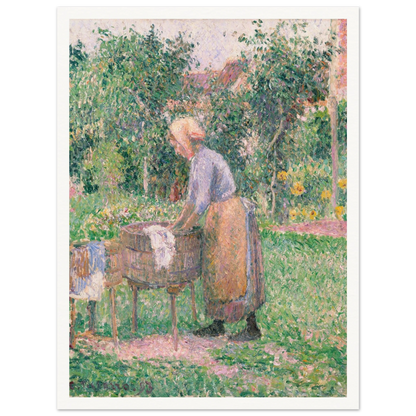 A Pointillist painting of a washerwoman hard at work, scrubbing linens and clothing in one barrel and rinsing them in another. 