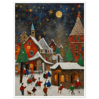 A cozy village at night, illuminated by a golden moon and stars, with snow-covered rooftops, evergreen trees, and people enjoying festive activities.