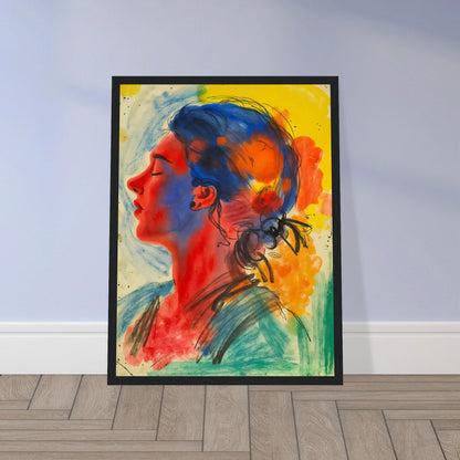 Vivid portrait of a serene woman in profile rendered with expressive blue, red, yellow, and orange washes against a luminous backdrop.