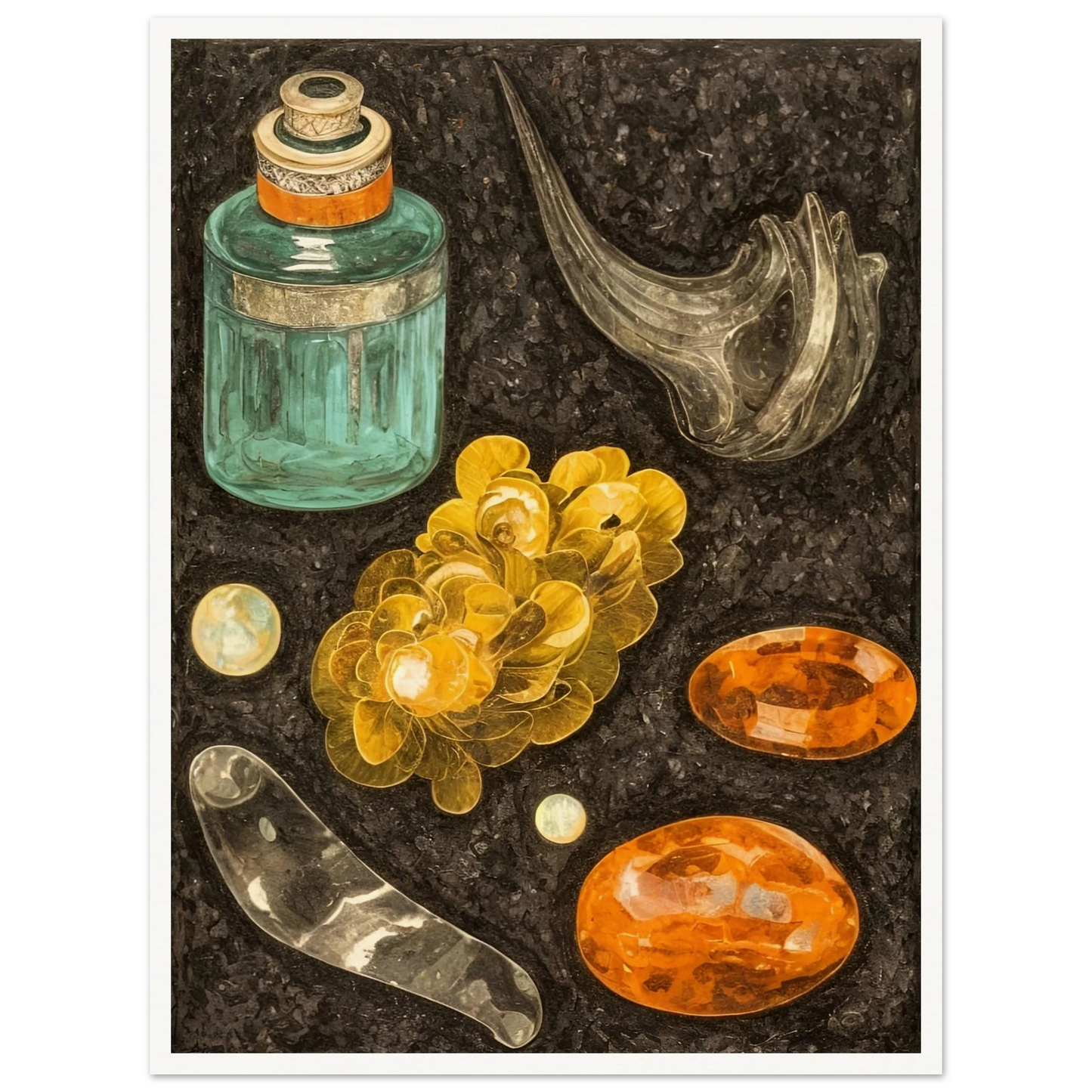 A collection of golden stones, glass objects, and a teal bottle arranged on a textured black background like hidden treasures.