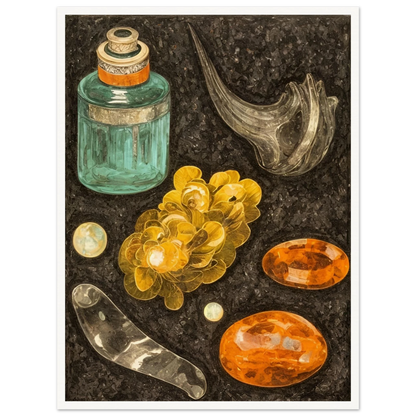A collection of golden stones, glass objects, and a teal bottle arranged on a textured black background like hidden treasures.