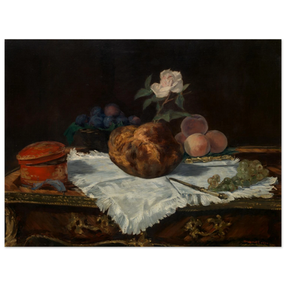 A brioche, fruit, white cloth, and tableware arranged in a quiet classical still life.