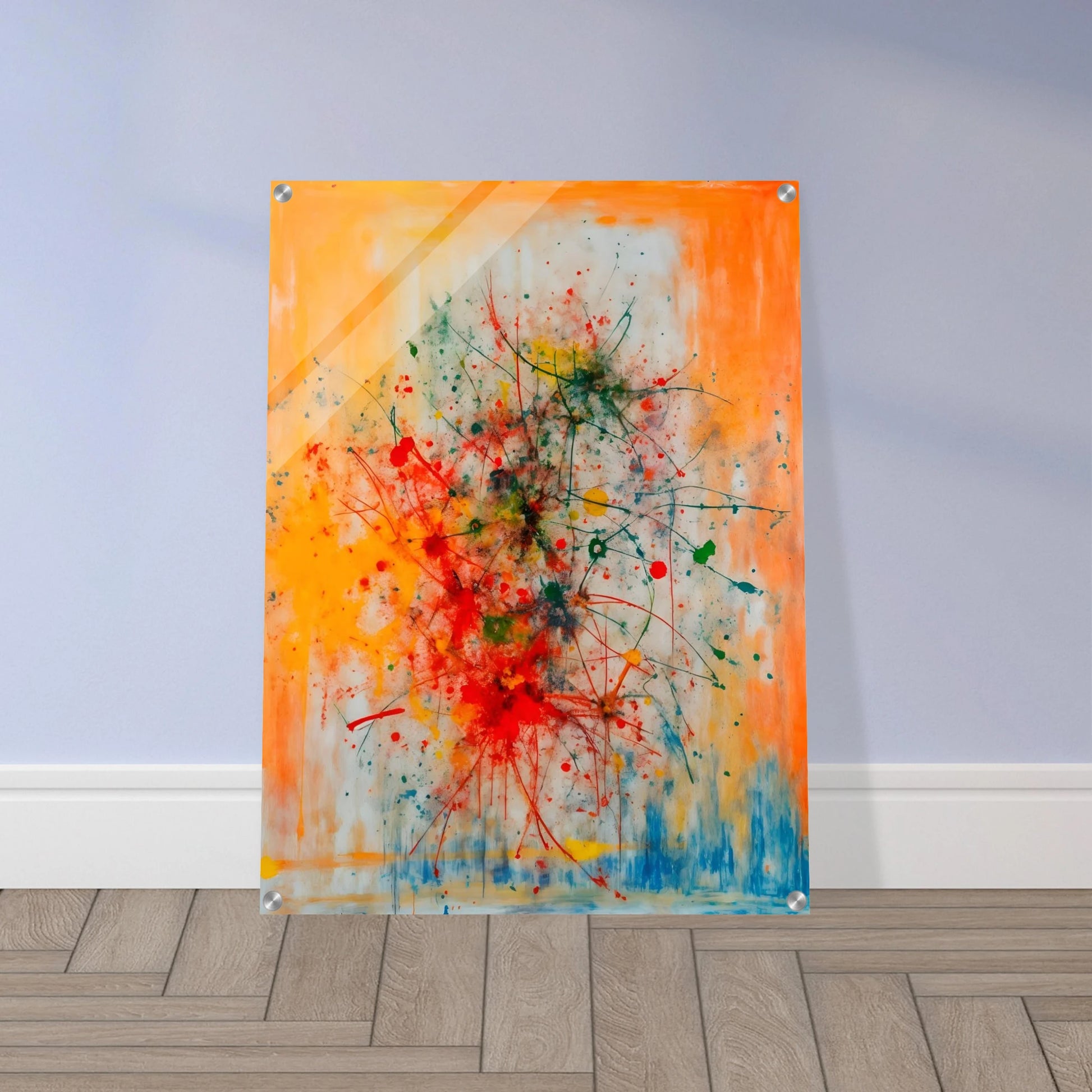 Vivid splashes of red, yellow, blue, and green burst across an orange canvas, evoking movement, chaos, and creative energy.