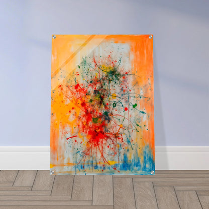 Vivid splashes of red, yellow, blue, and green burst across an orange canvas, evoking movement, chaos, and creative energy.