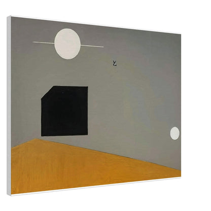 Abstract minimalist painting with geometric shapes against a gradient background, featuring a black square and two white circles.