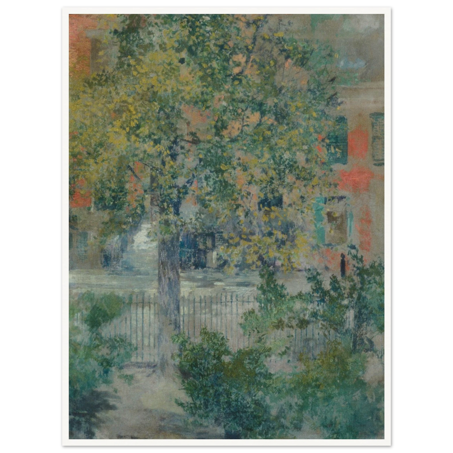 A leafy tree fills a quiet Grove Street view, with an iron fence and pastel buildings beyond.