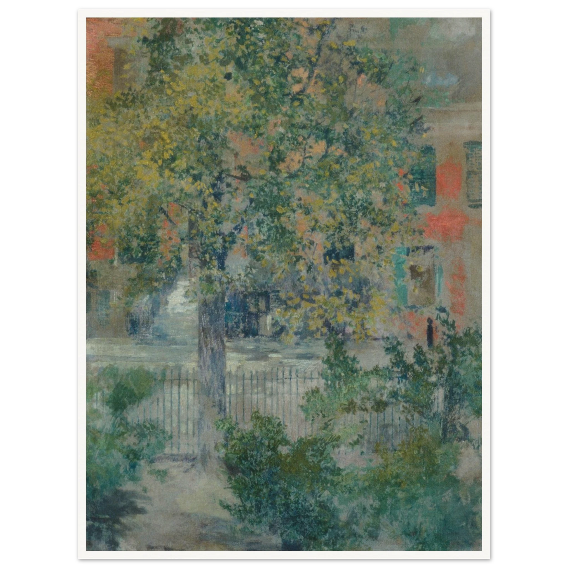 A leafy tree fills a quiet Grove Street view, with an iron fence and pastel buildings beyond.