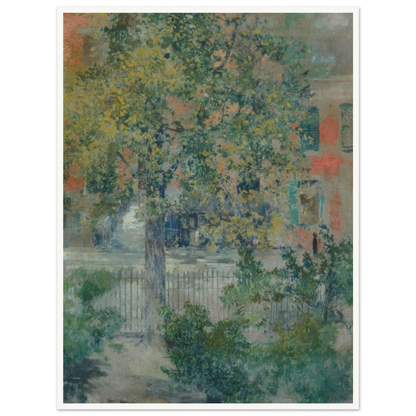 A leafy tree fills a quiet Grove Street view, with an iron fence and pastel buildings beyond.
