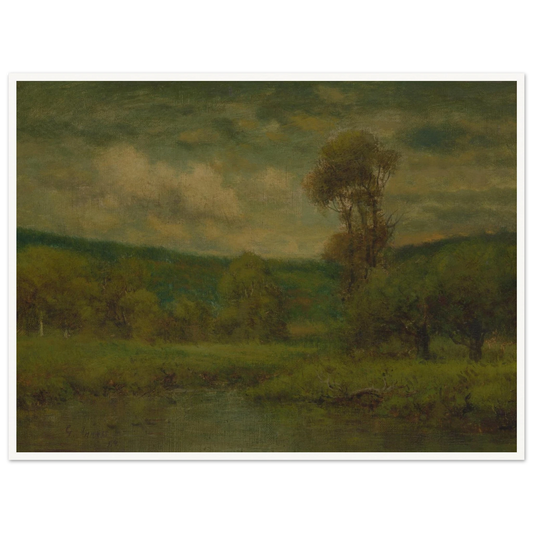 A dark green landscape with pond, trees, and cloudy sky in soft muted tones.