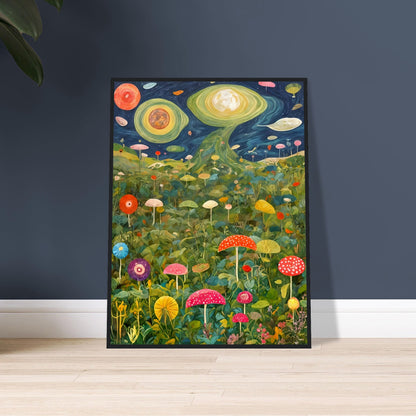 A surreal landscape of oversized mushrooms and lush greenery beneath a cosmic sky with swirling planets, glowing moons, and celestial formations.