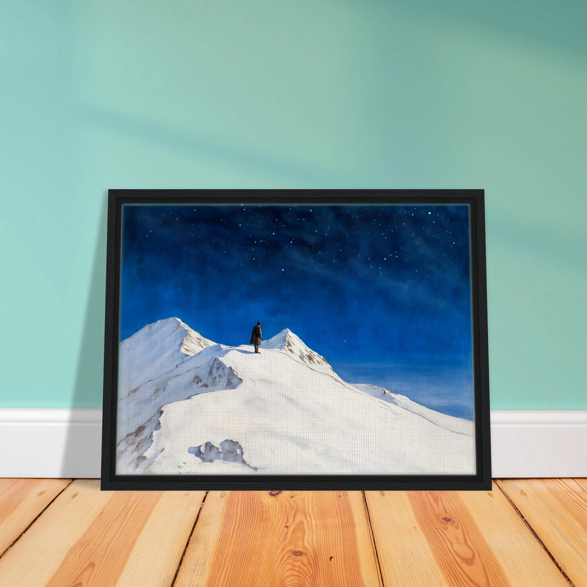 Solitary figure stands atop snowy mountain peaks beneath a vast starlit sky, evoking wonder, silence, and the grandeur of night.
