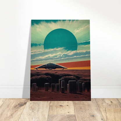 A futuristic landscape with a sleek spaceship hovering above a barren terrain, under a massive sunburst sky with a large teal sun dominating the horizon.