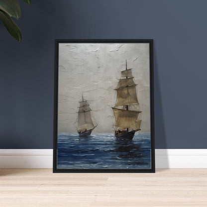 A captivating seascape featuring two tall ships with billowing sails drifting over deep blue waters, set against a textured, misty sky.