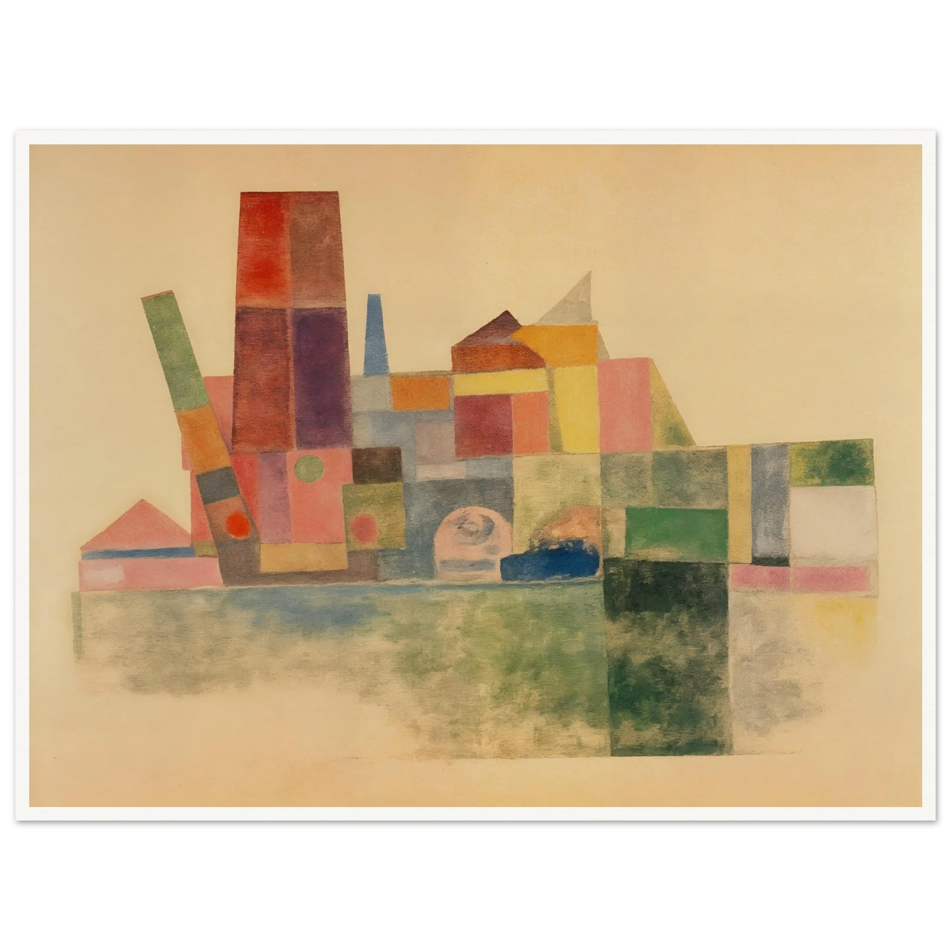 A pastel-toned cityscape made of overlapping geometric blocks in soft reds, greens, yellows, and blues against a beige backdrop.