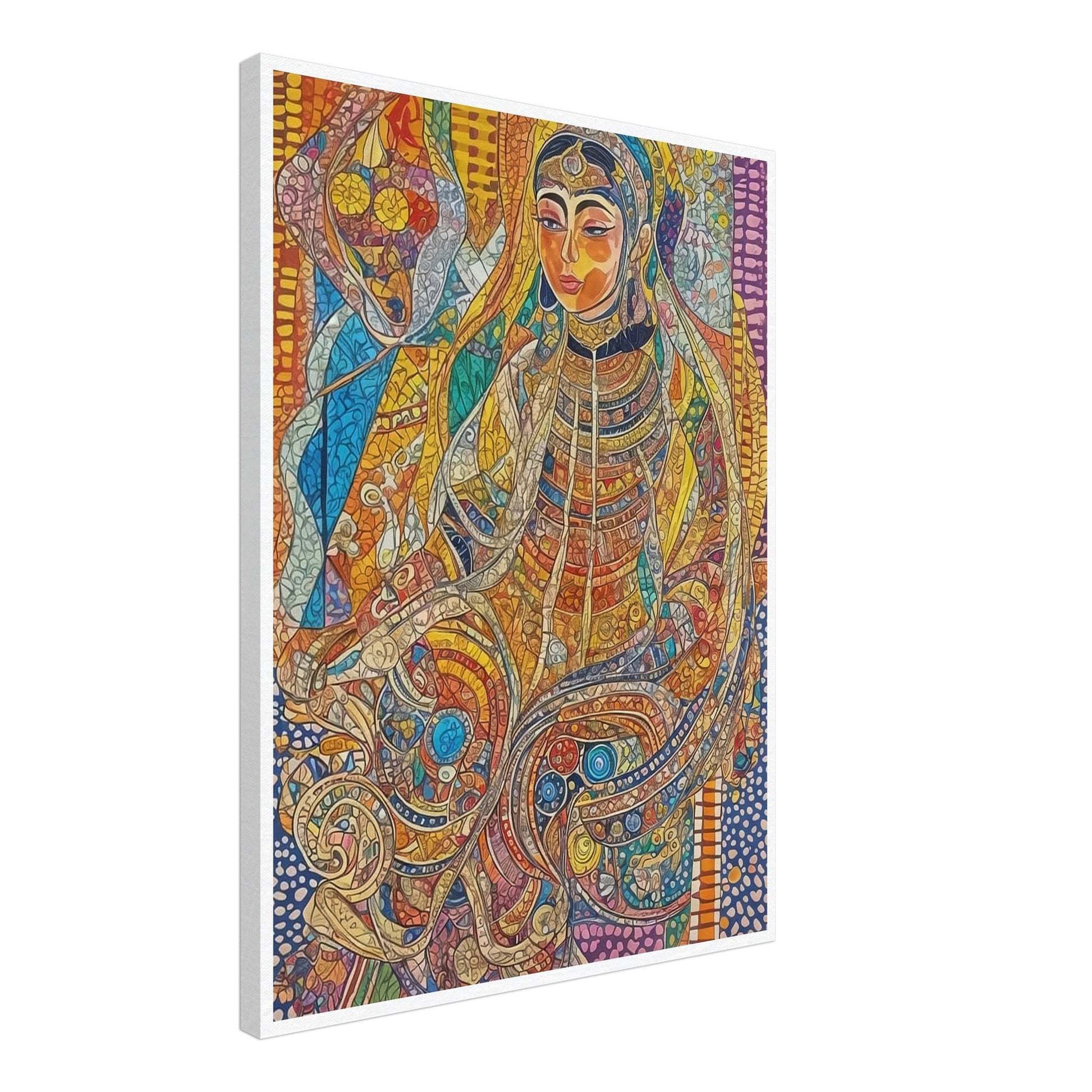 A vibrant mosaic-style artwork depicting a regal woman in intricate traditional attire, surrounded by vivid colors and patterns.