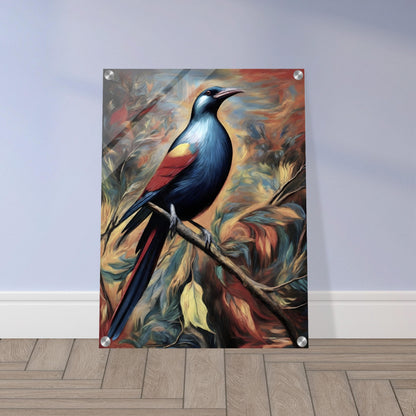 A vibrant painting of a bird with shimmering blue, red, and yellow feathers perched on a branch, set against a dramatic swirling background of autumn tones.