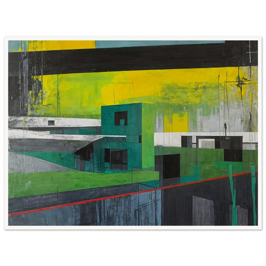 An abstract painting featuring geometric shapes in green, yellow, and black, depicting a modern cityscape with bold lines.