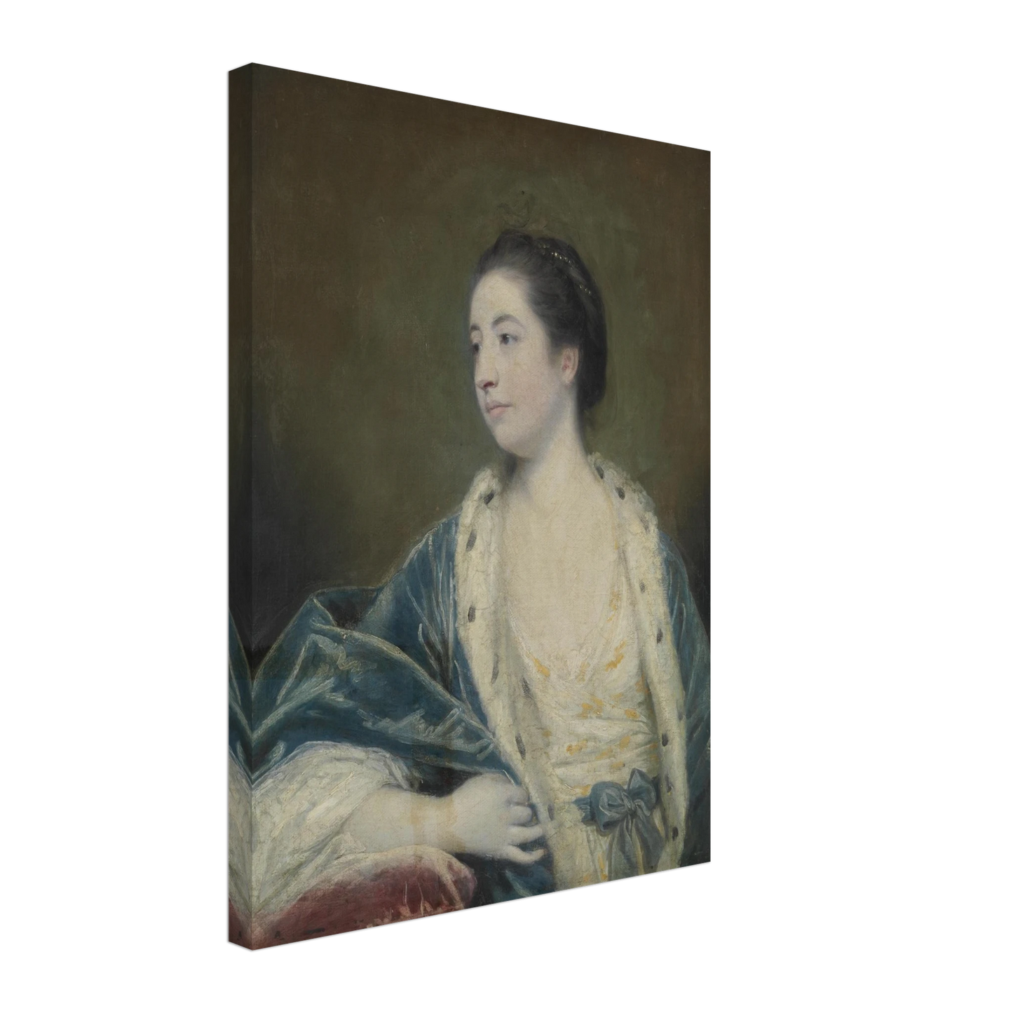 Young woman in a blue robe with fur trim poses against a dark green background