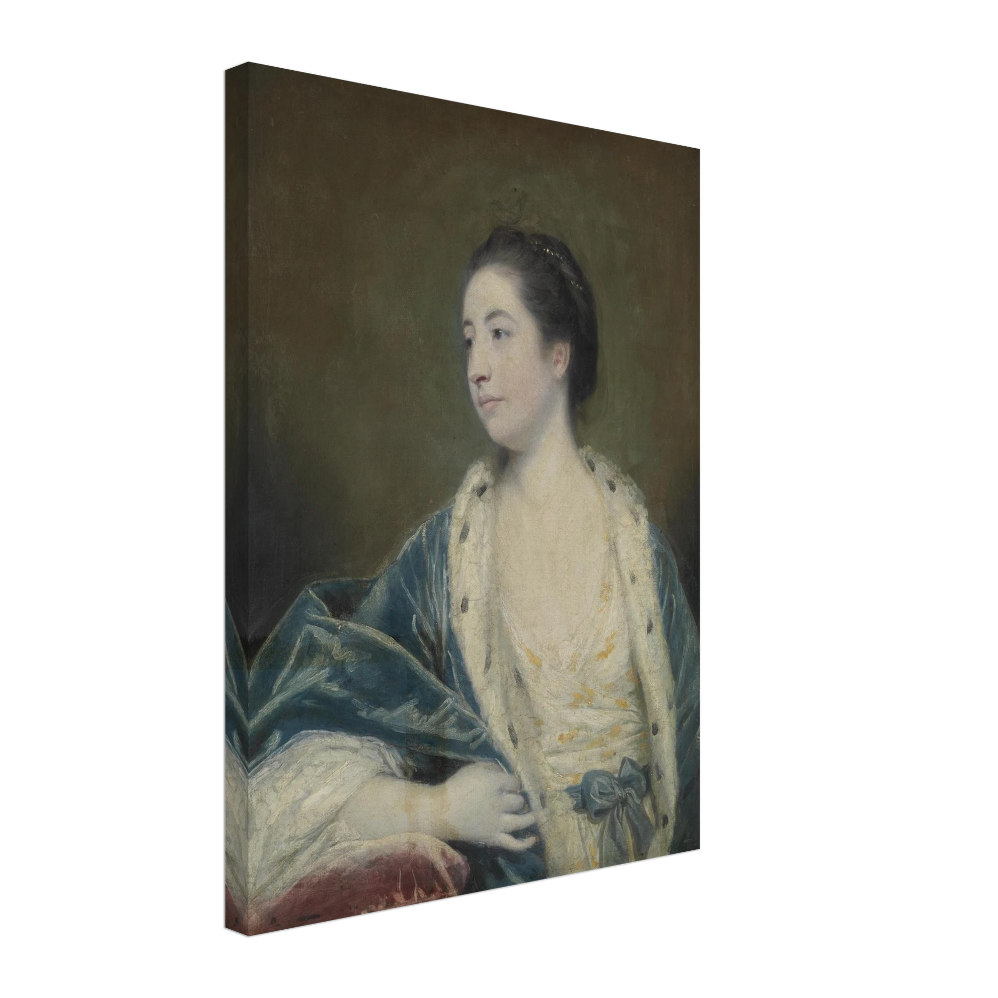 Young woman in a blue robe with fur trim poses against a dark green background
