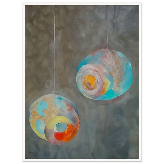 Abstract painting of two colorful, floating spheres with a dreamy, ethereal background.