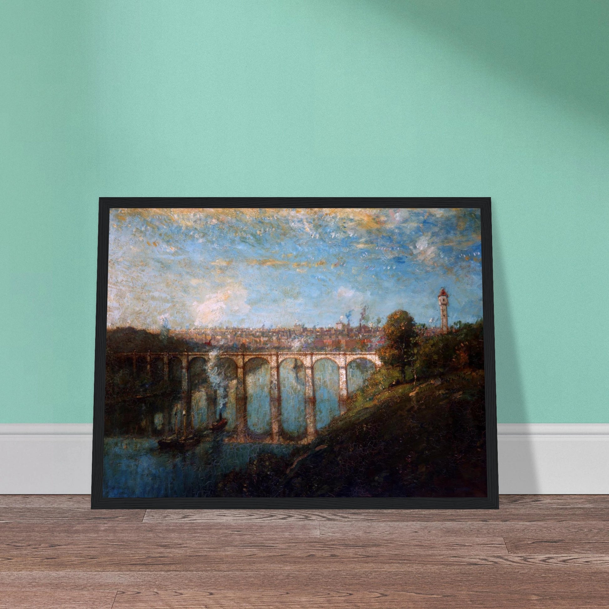 Arched bridge spans a blue river beneath a city skyline and tall tower