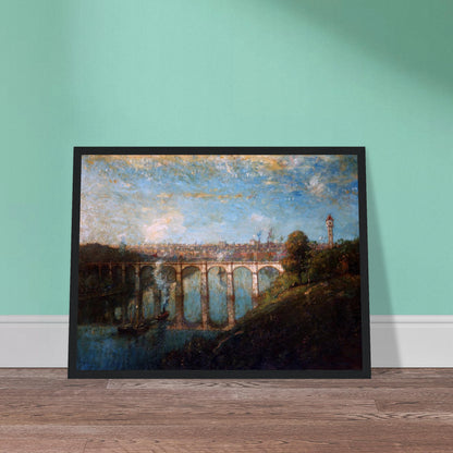 Arched bridge spans a blue river beneath a city skyline and tall tower