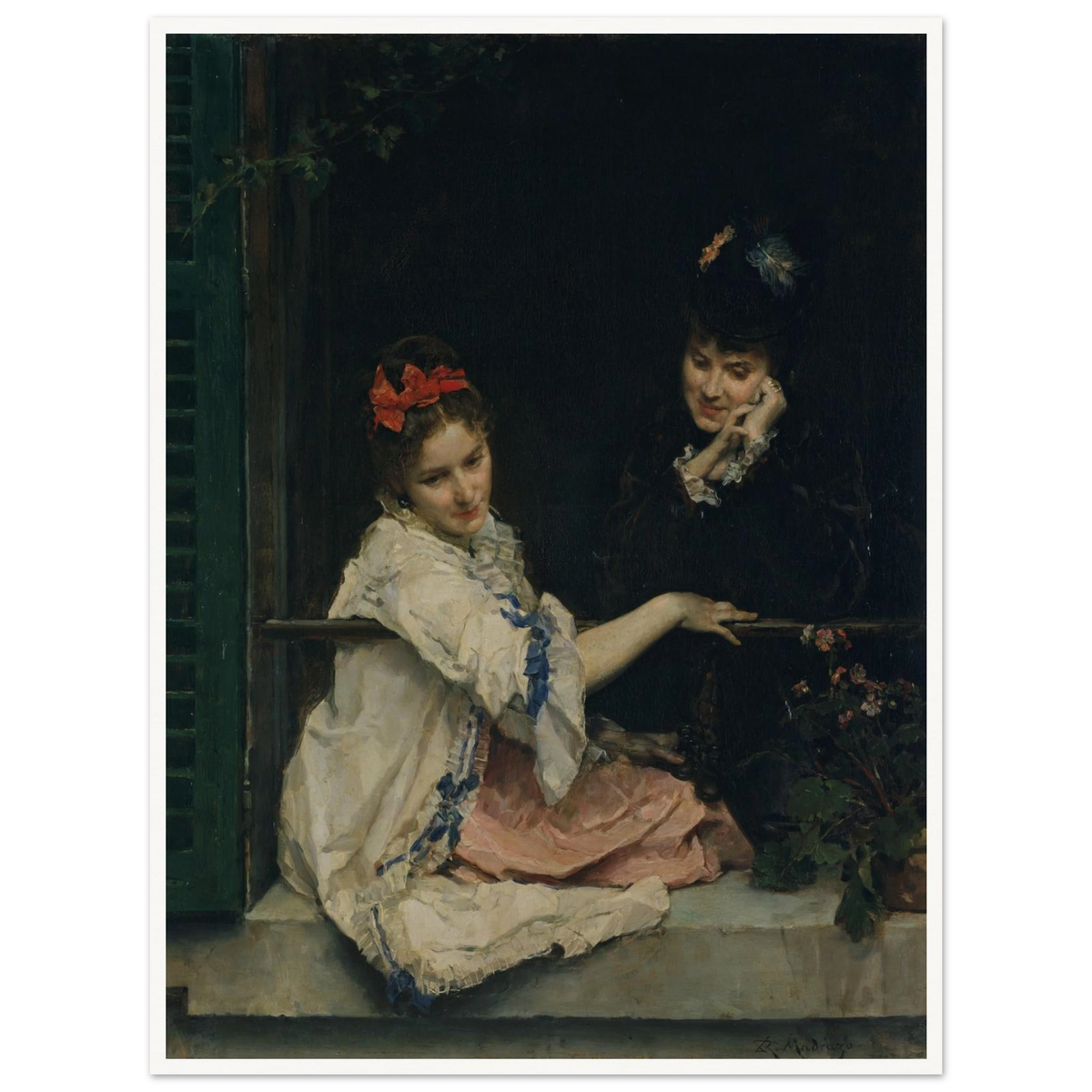 Two girls sit at a dark window, one in white with a red bow and the other in black.