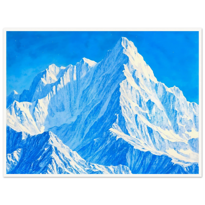 Towering icy mountain peaks glow in brilliant blues and whites beneath a crystal sky, evoking grandeur and stillness.