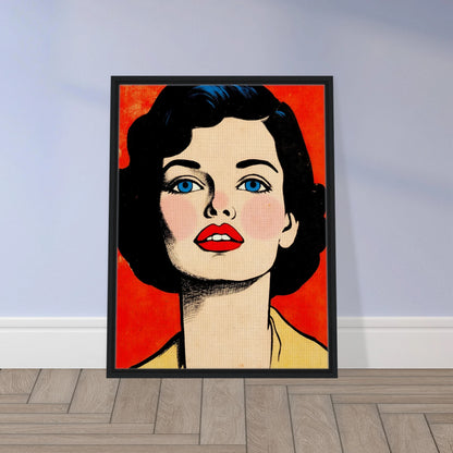 A striking vintage-inspired portrait features a woman with blue eyes, crimson lips, and dark hair against a vivid red backdrop.