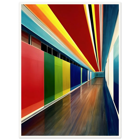 A dynamic corridor with bold, multicolored walls and ceiling, featuring deep reds, blues, yellows, and greens, creating a sense of depth and motion.