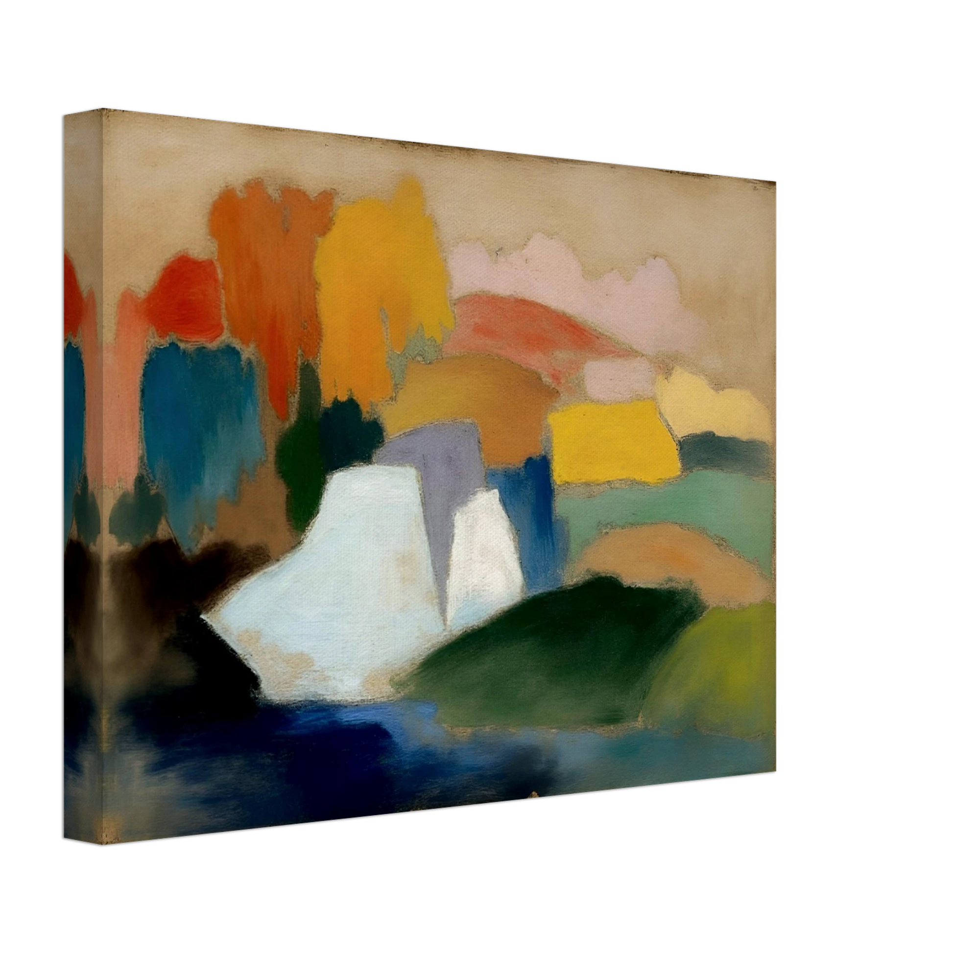 Soft fields, pale hills, and blue water blend with warm trees in a calm landscape.