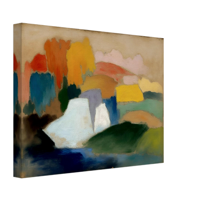 Soft fields, pale hills, and blue water blend with warm trees in a calm landscape.