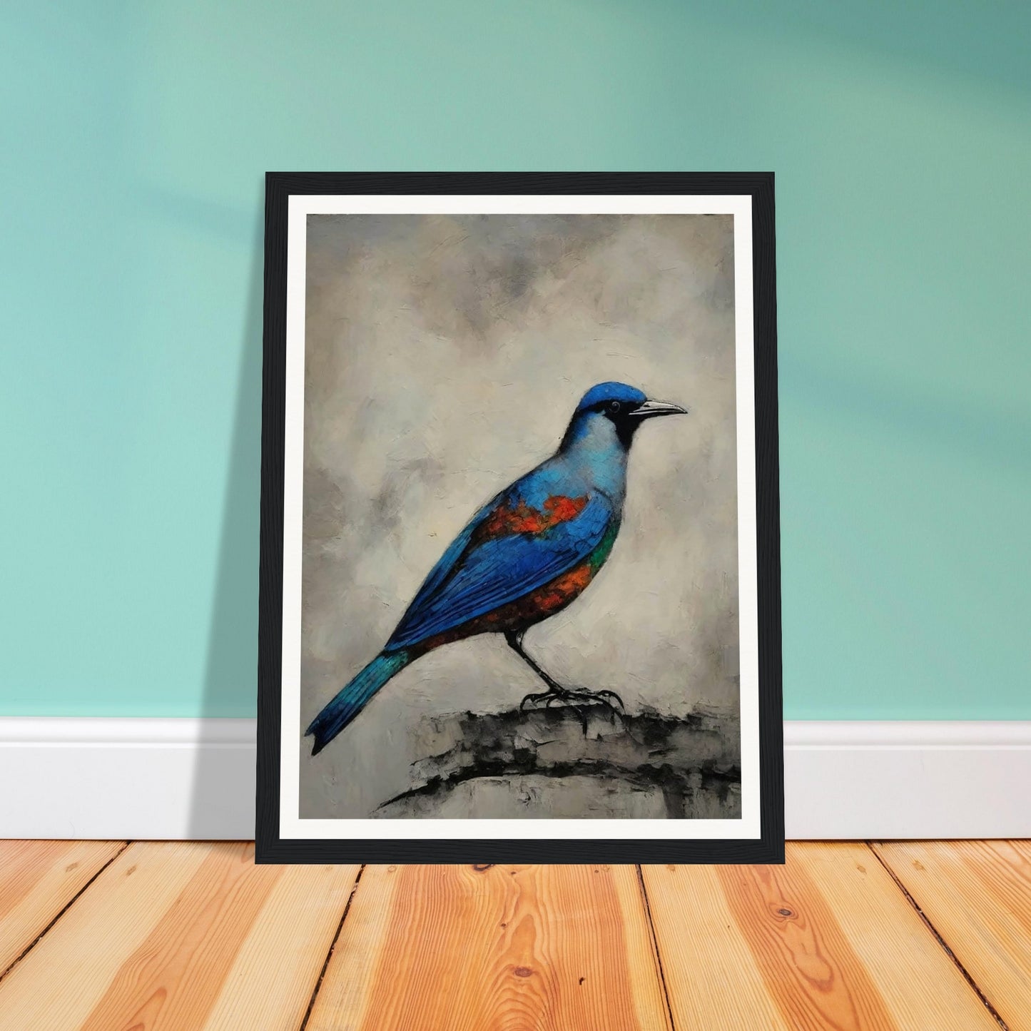 A vibrant painting of a blue bird with orange and green accents perched on a textured surface, set against a neutral background.