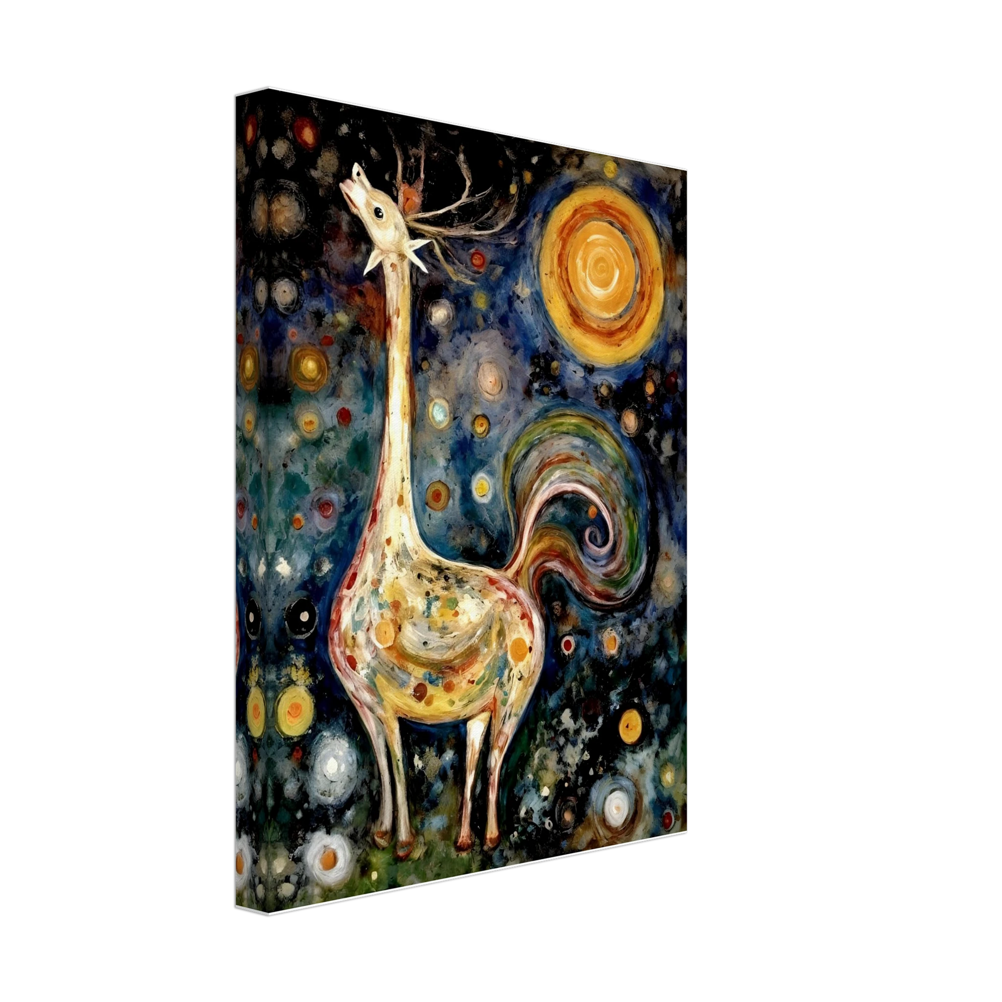 A fantastical creature with a long neck, antlers, and a swirling tail stands under a cosmic sky filled with colorful orbs and a radiant sun.