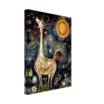 A fantastical creature with a long neck, antlers, and a swirling tail stands under a cosmic sky filled with colorful orbs and a radiant sun.