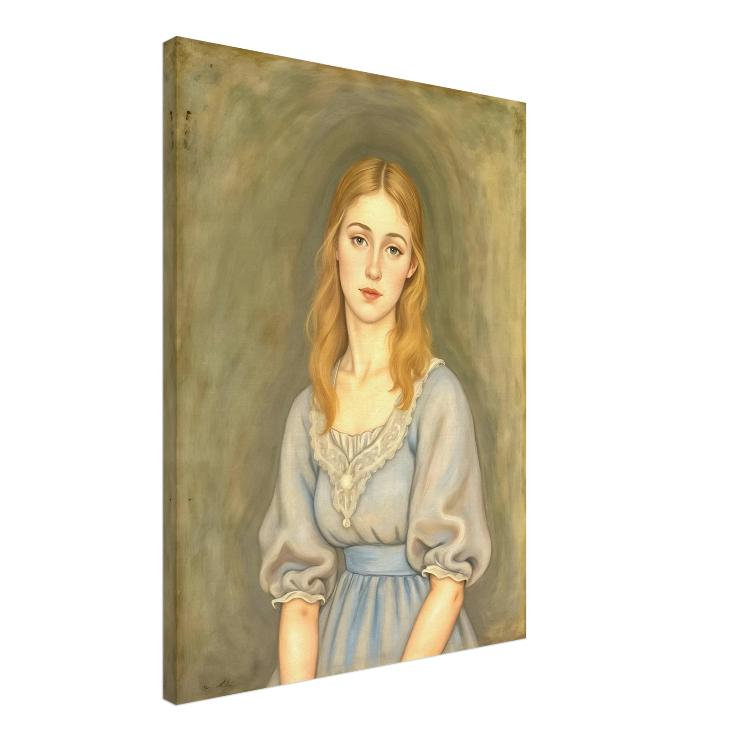 A serene young woman with flowing blonde hair and a pale blue dress gazes softly forward against a muted olive-toned background.