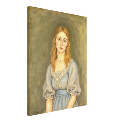 A serene young woman with flowing blonde hair and a pale blue dress gazes softly forward against a muted olive-toned background.