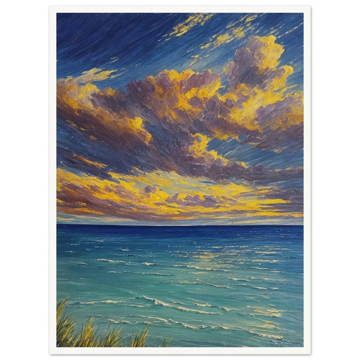 A vibrant painting of a serene ocean at sunset with dramatic clouds and golden light reflecting on the water.