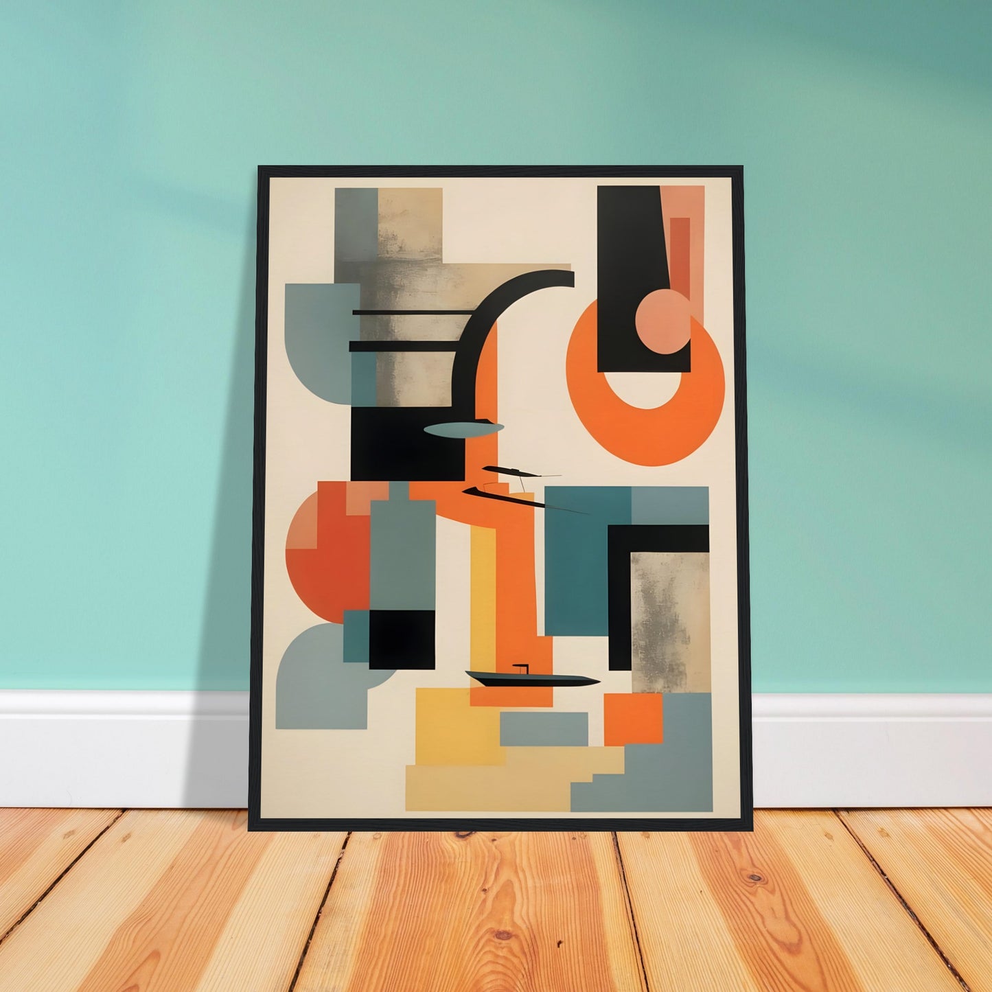 A geometric abstract painting featuring bold shapes in teal, orange, black, and beige, with intersecting lines and modern design elements.