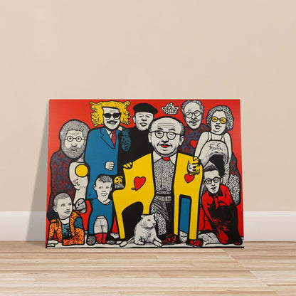 A vibrant pop-art style painting of a diverse group of people, featuring bold colors, stylized figures, and heart motifs on a red background.