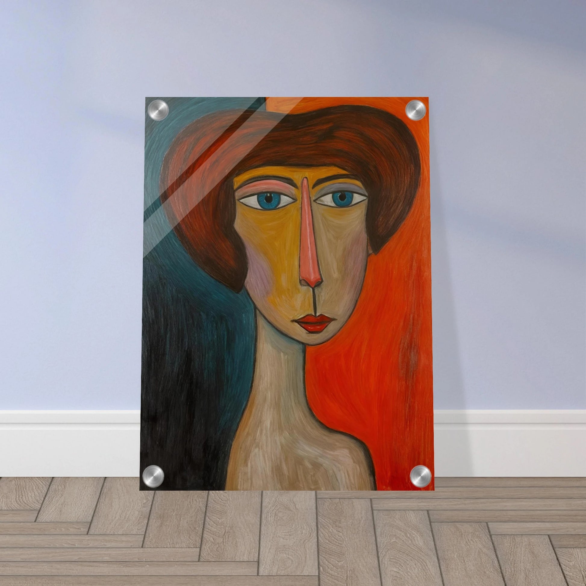 Bold-faced portrait with exaggerated features, split by warm and cool tones, exuding quiet strength and duality.