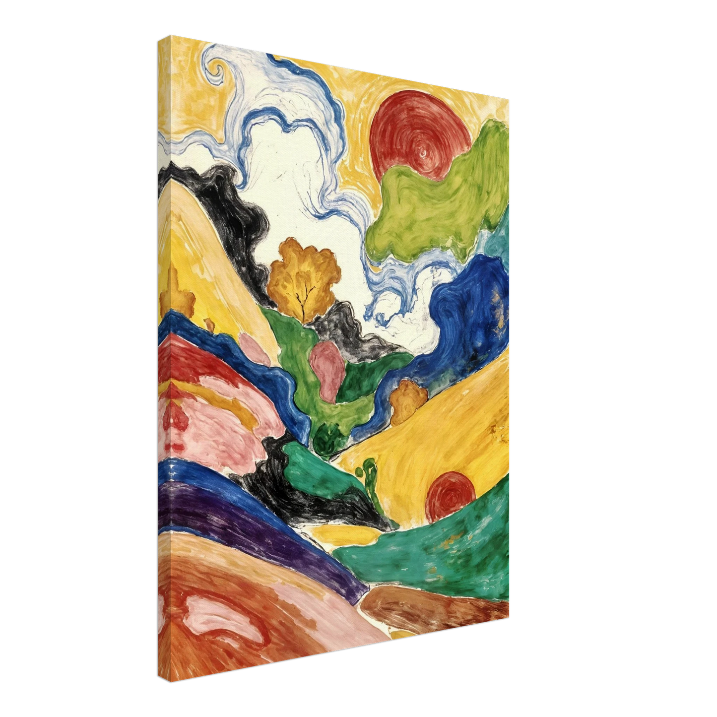 Flowing hills, swirling skies, and crimson suns weave through a vivid landscape filled with movement and color.