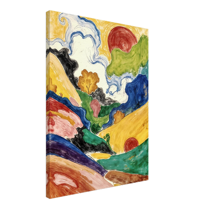 Flowing hills, swirling skies, and crimson suns weave through a vivid landscape filled with movement and color.