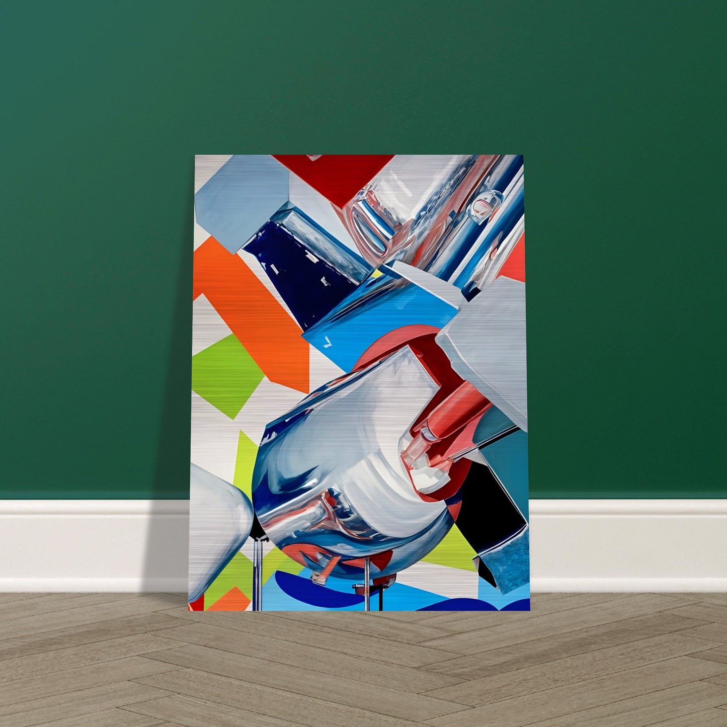 A futuristic composition featuring dynamic metallic structures reflecting bold hues of red, blue, green, and orange, set against a geometric background.